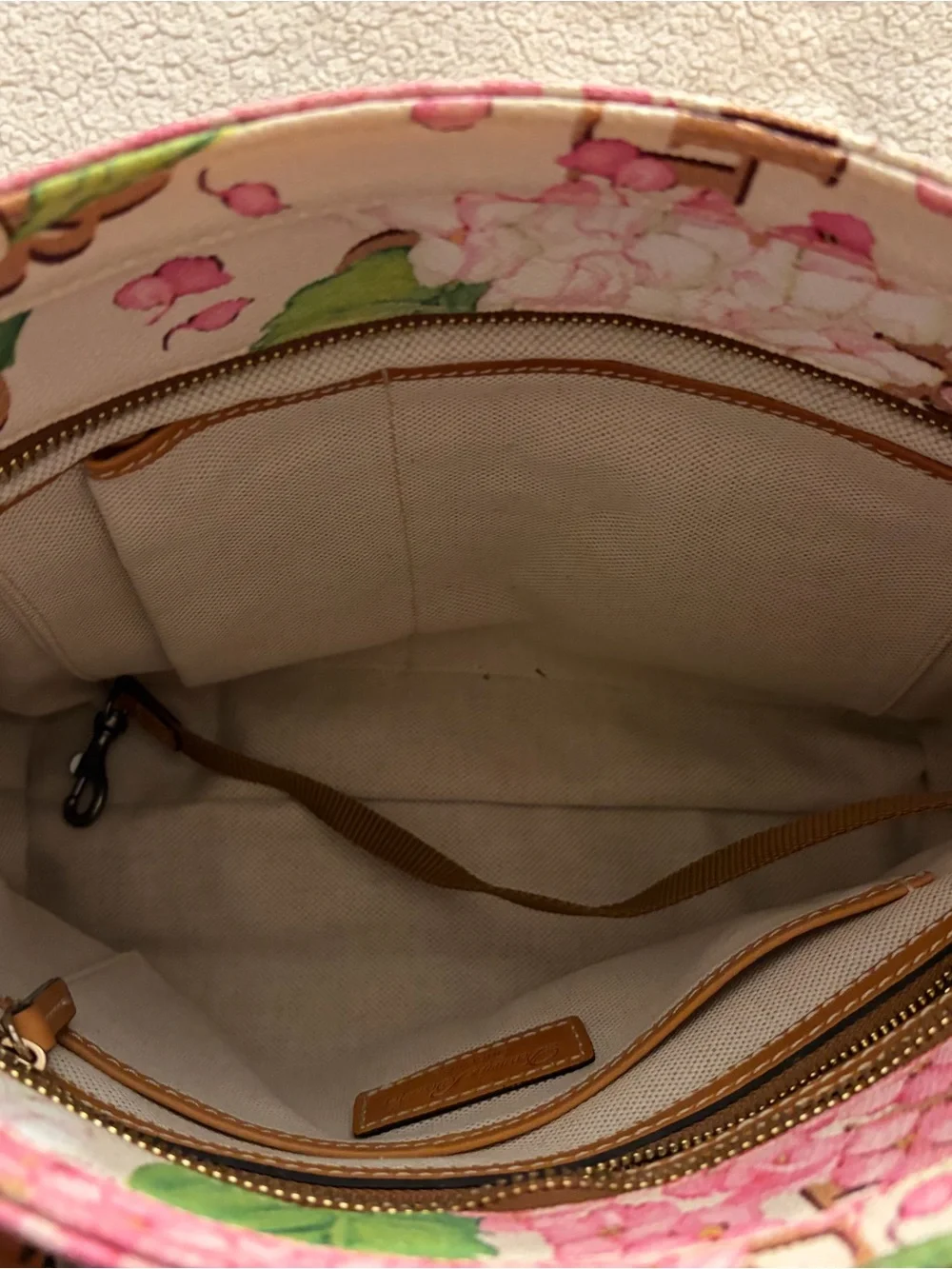 Dooney & Bourke Pink & Blue Hydrangea Logo Tote with Tan Trim